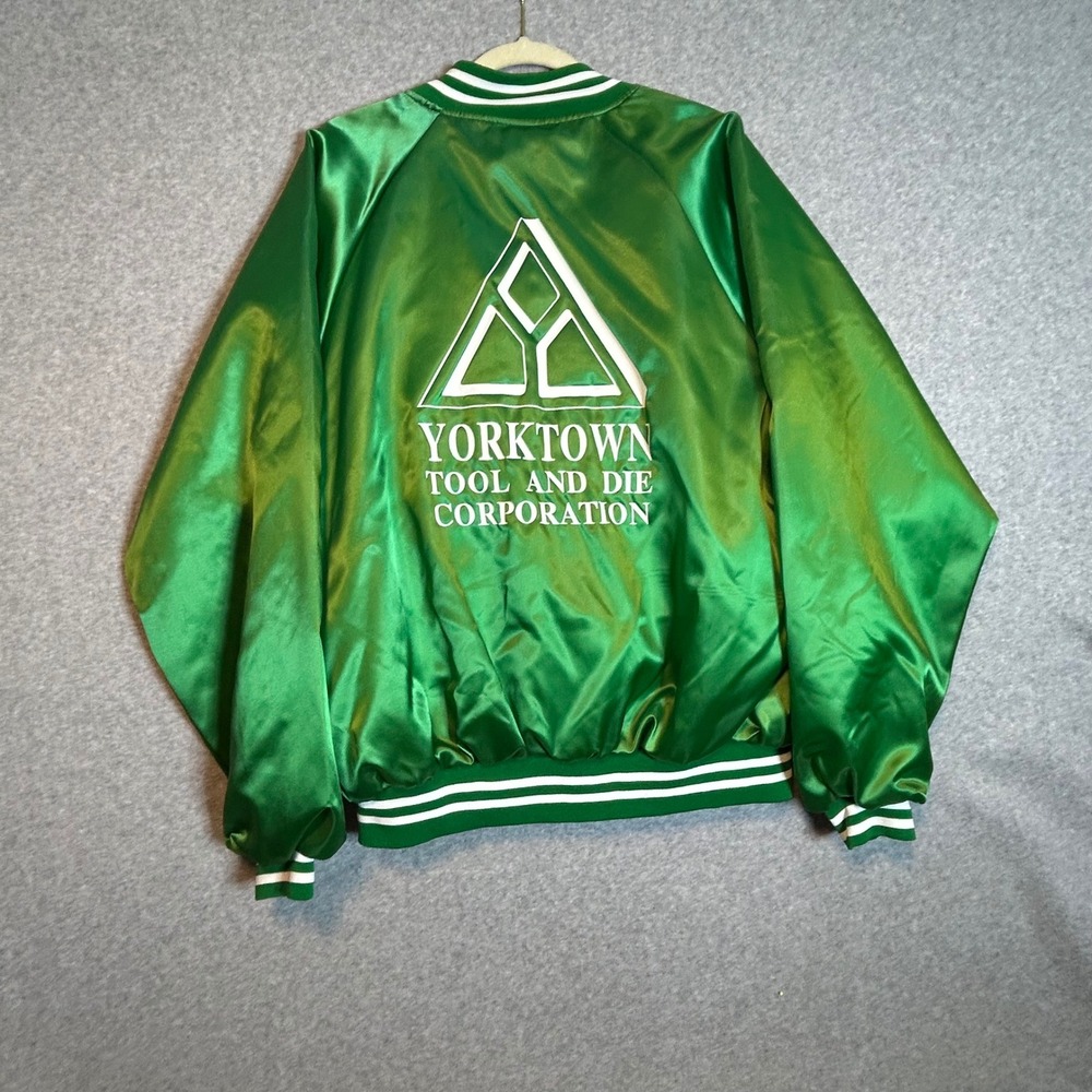 Vintage 80s Green Satin Varsity Bomber Jacket Streetwear Blockcore XL Mae USA